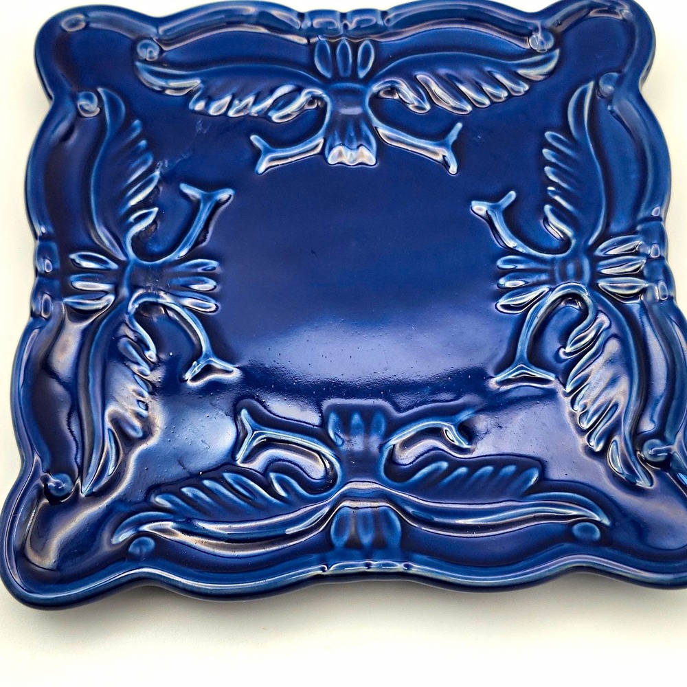 California Pottery N-382 Blue Glossy Ceramic 7" Trivet Mid-Century Floral - Picture 2 of 6